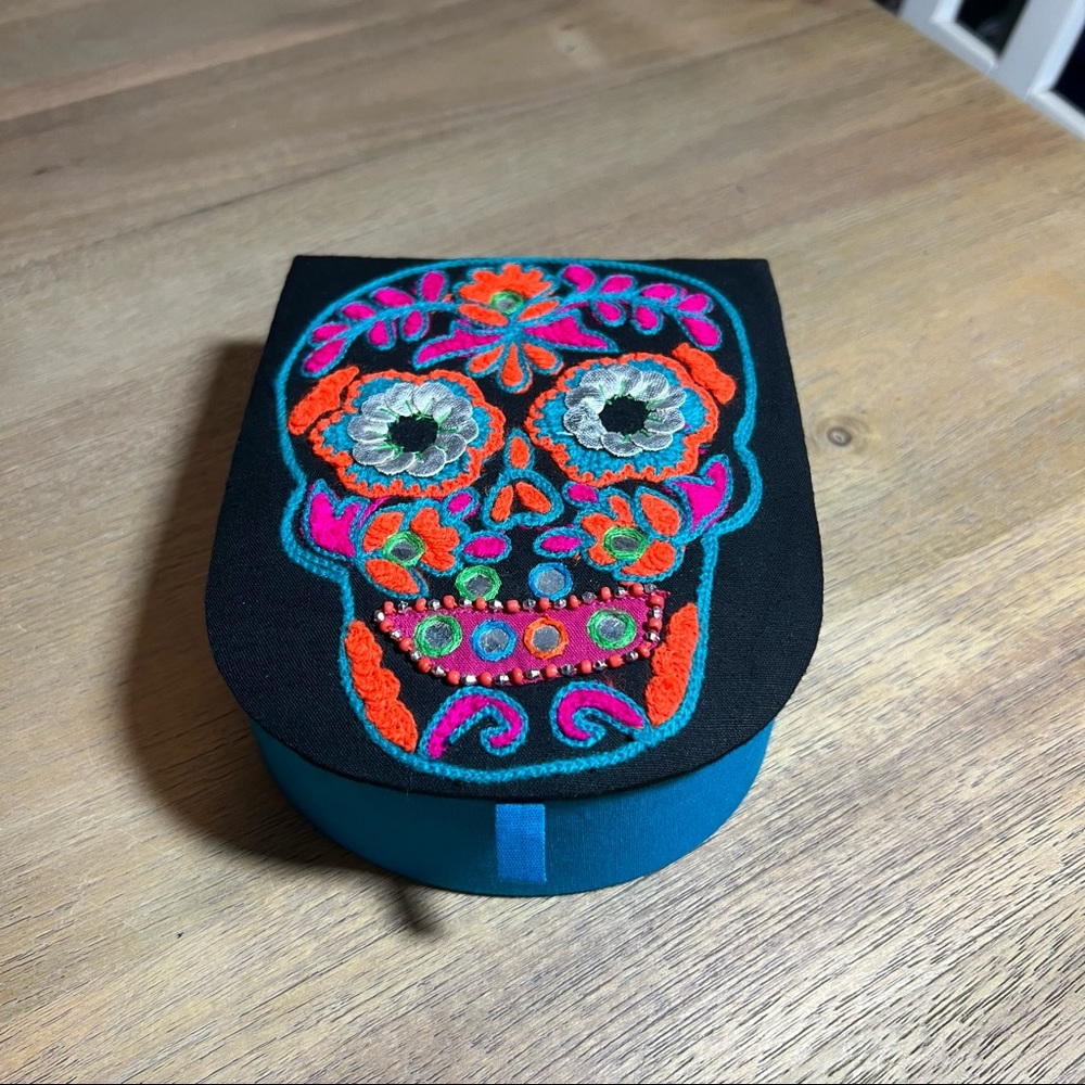 Embroidered Day of The Dead Mexican Skull Boho Decorative Keepsake Jewelry Box